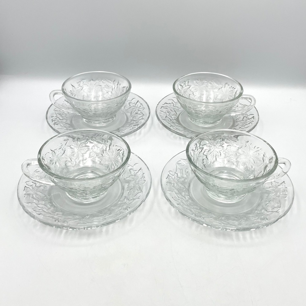 Princess House Fantasia Crystal Cup & Saucer Clear Poinsettia Set of 4 Teacup